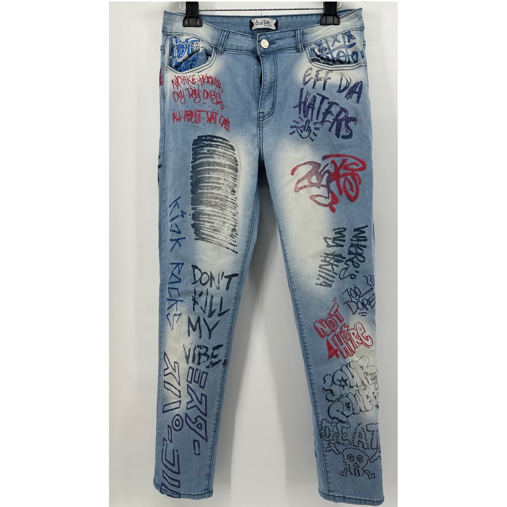 Blue Topic Graffiti Print Slim Jeans Light Wash Streetwear Size 15/16